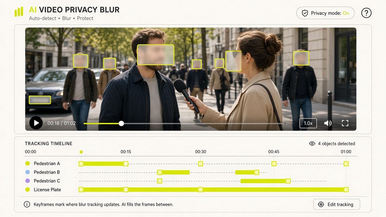 AI Video Privacy Blur multi-frame detection and timeline tracking visual for faces, license plates, and screens