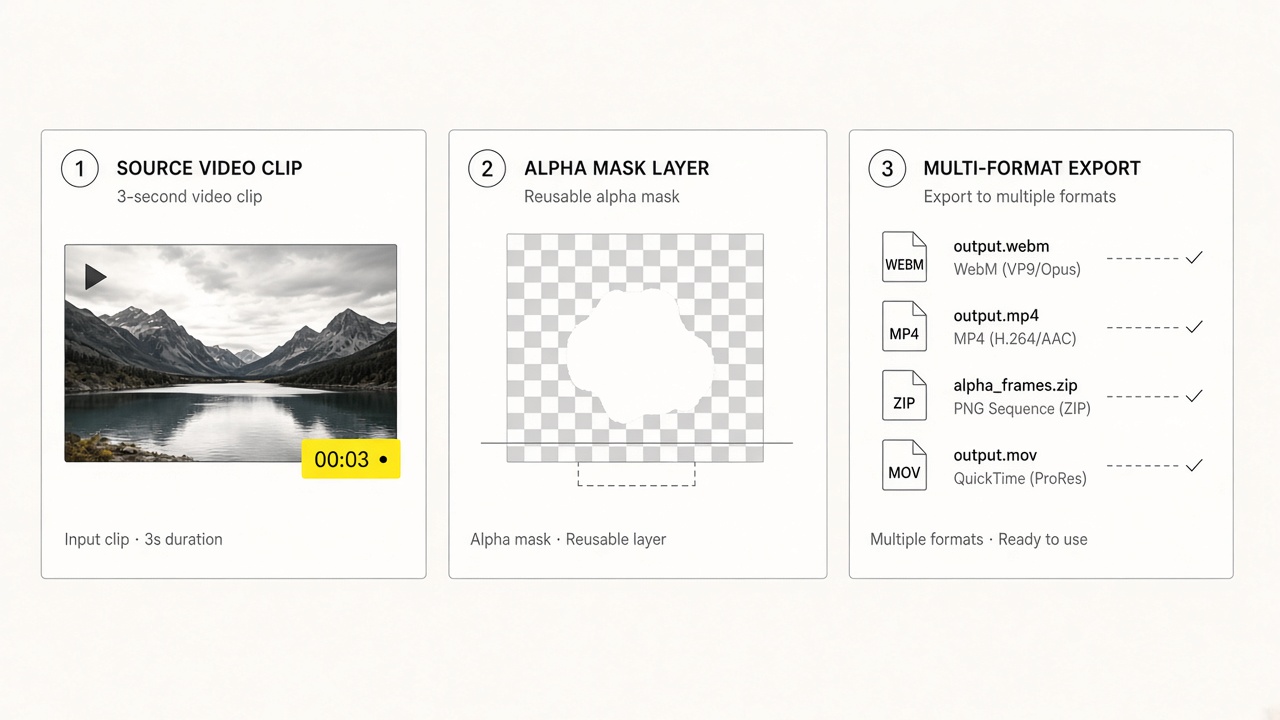 Why choose VideoBGRemover: 3-second preview first, 7-day reusable alpha mask cache, and multi-format export